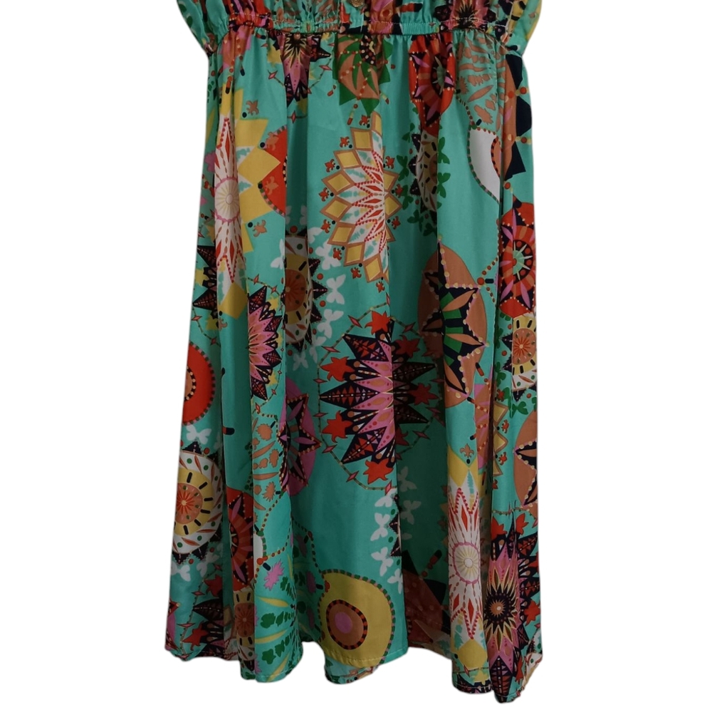 Joy & Co. Sleeveless Mini Dress, Aqua with Multi-Color Print, sz L, EUC! - Picture 5 of 10